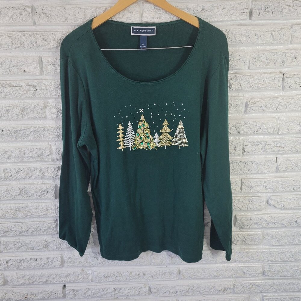 Karen Scott Women's XL Green Christmas T-Shirt Embroidered Rhinestone GRE49XE